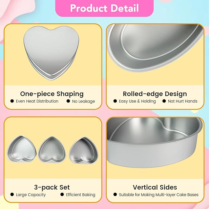 3 Pack 8 Inch Heart Shaped Cake Pans, Durable Anodized Aluminum Heart Cake Pans, Ideal for DIY, Birthdays & Weddings, Baking Pans Chiffon Cake Mold for Oven Baking (8" Fixed Bottom)