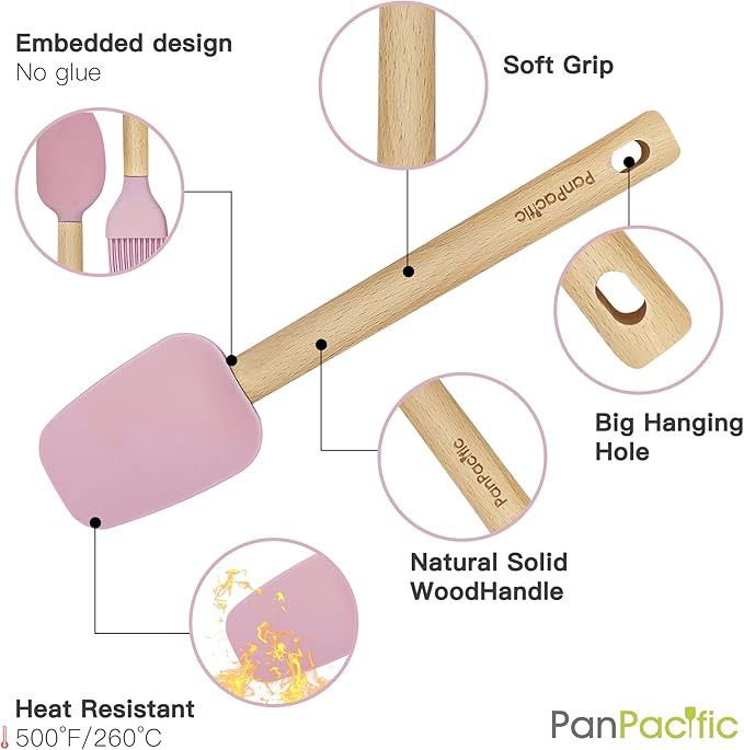 Silicone Mini Spatulas Set with Pastry Brush and Whisk, Small Kitchen Tools Nonstick Cookware For Cooking, Baking And Serving - Cherry Pink - 4 Piece