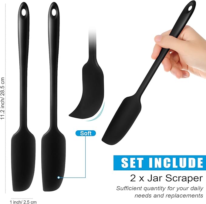 Patelai 2 Pieces Silicone Jar Spatula Long Handle Non-stick Rubber Scraper Heat Resistant Spatula Silicone Scraper for Jars, Smoothies, Blenders Cooking Baking Stirring Mixing Tools (Black)
