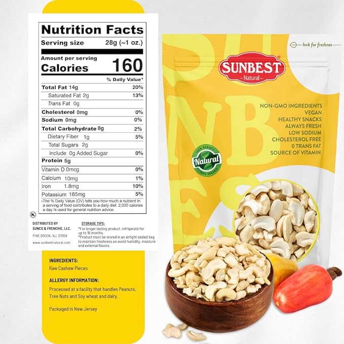 Sunbest Natural Raw Cashews – Large Cashew Pieces, 5 lb Bulk Bag (80 oz) – Unroasted & Unsalted Cashew Nuts – Fresh, Buttery Texture, Nutrient-Rich, Keto, Paleo, Vegan – Non-GMO, Gluten-Free, Kosher