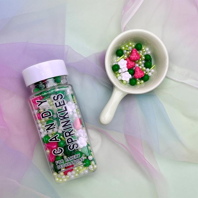 Green Sprinkles for Cake Decorating, Spring Sprinkles Mix with Strawberry Pearl Jimmies Flower for Ice Cream Cupcakes Baking Cookies Cake Topping