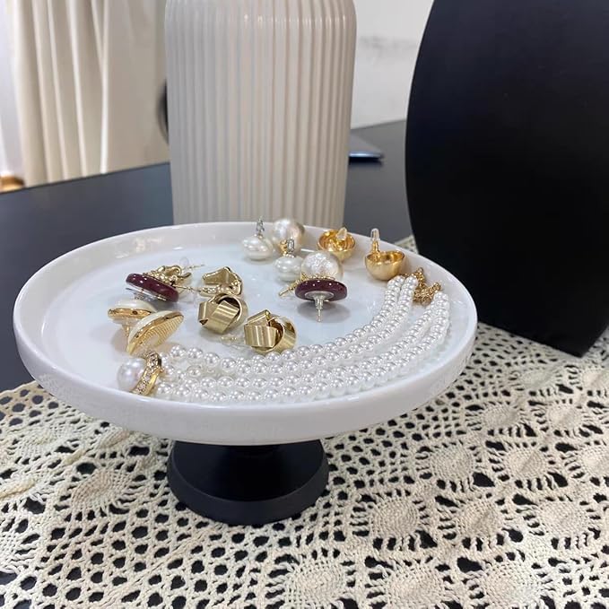 White Cake Stand Small Mini Cake Pedestal Plate Stand, 6 inch Vintage Ceramic Round Wood Pie Stand for Party Wedding, Candle Jewelry Decorative Tray (Black Wooden High-Foot)