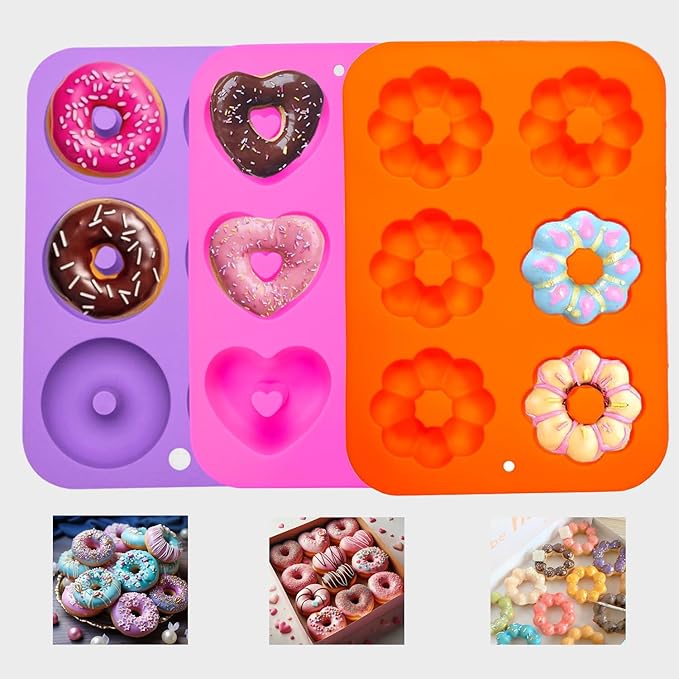 3pcs Silicone Donut Molds for Baking Round/Heart/Pumpkin Shaped Donut Pans 6 Cavity Nonstick Mini doughnut Pan BPA Free Heat Resistant Donut Baking Pan Bagels