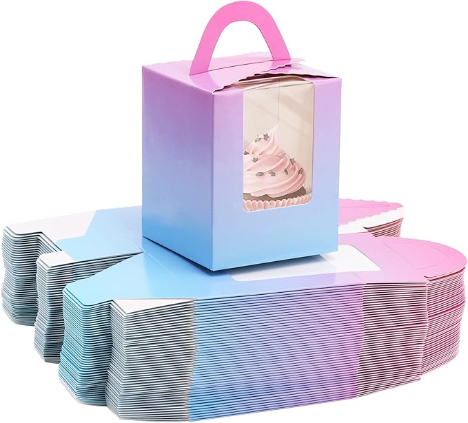 acDesign 100Pcs Single Cupcake Carrier With Window Handle and Inserts 3.6in*3.6in*4.3in Cupcake Boxes Individual for Bakery Wrapping Gift (Gradient)