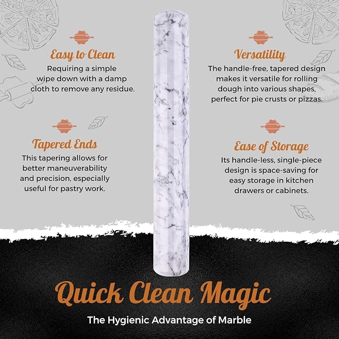 Flexzion French Rolling Pin, 12 Inch White Marble Rolling Pins for Baking with Wooden Base Holder Stand - Non-Stick Baking Roller for Baking Fondant, Crust, Pastry, Cookies, Pizza, Pasta