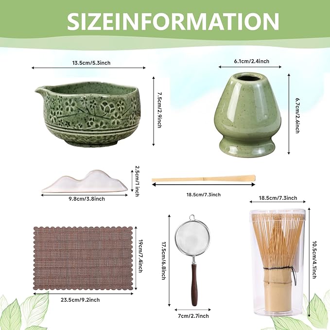 7 Pcs Matcha Whisk Set, Ceremony Matcha Kit with Matcha Bowl, Bamboo Whisk and Holder, Scoop and Scoop Rest, Sifter and Tea Towel, Gift for Matcha Lovers (Mottled Green/Cherry Blossom-Patterned)