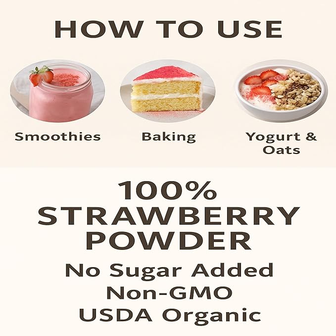 Panfruit Organic Freeze-Dried Strawberry Powder – No Sugar Added, Non-GMO, 100% Real Fruit – Ideal for Smoothies, Baking, Yogurt, and Desserts – 3.5 oz