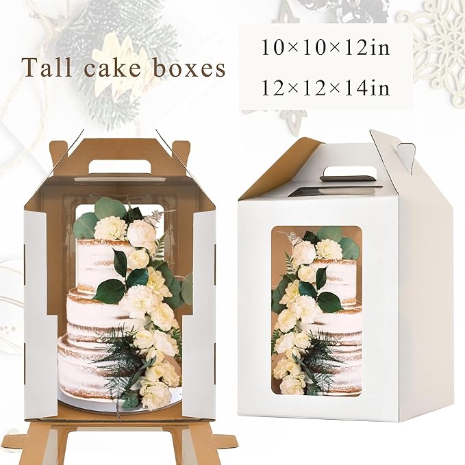 Tall Cake Boxes for Tier Cakes,10x10x12 & 12x12x14 Tiered Cake Box with window, 8in 10in 12in Tall Cake Carrier,Layer tall baking carrier,Layer tier cake boxes (2 pack)