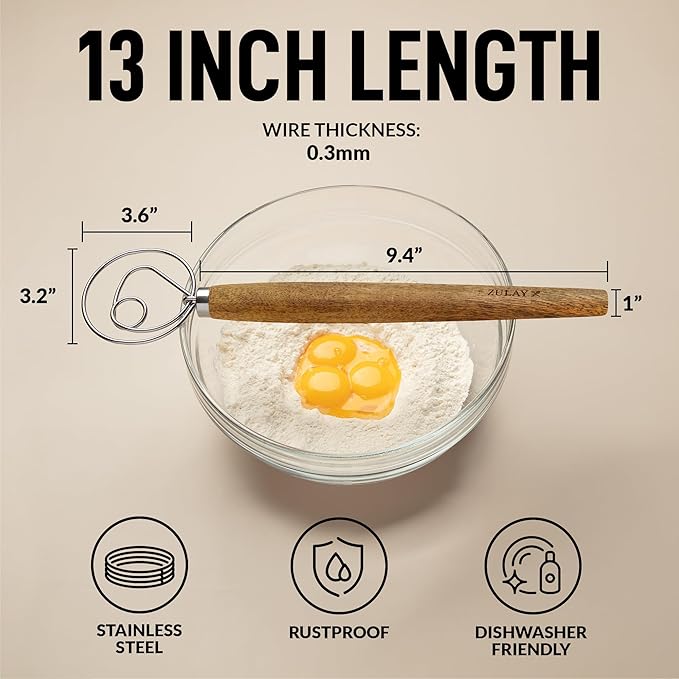 Zulay Kitchen Durable 13-Inch Danish Dough Whisk - Easy Mixing Bread Hook, Stainless Steel, Sourdough Traditional Dutch Whisking Tool, 2 Pack Acacia Wood