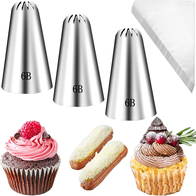 3 Pieces 6B Large Churro Icing Tips and Piping Bags,Frosting Icing Tip for Cake Decorating,6B Large Star Tips and 20 Disposable Piping Bags,Stainless Steel CupCake Star Tip for Churros