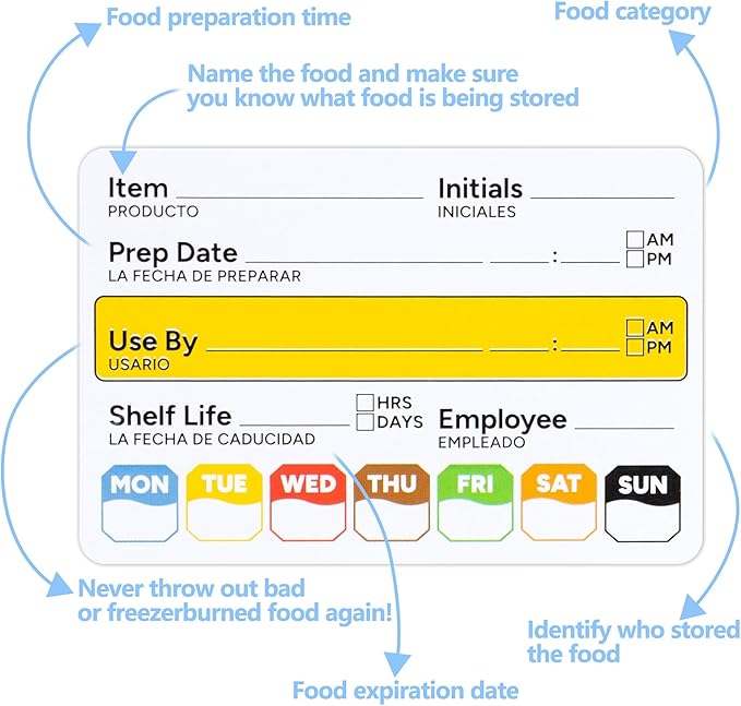Restaurant Quality Shelf Life Food Rotation Labels Vinyl, 2” x 3” Self-Adhesive Removable Freezer Food Labels, Perfect for Reusable Containers, Easy to Remove, Food Safety Date Sticker (8 PCS)