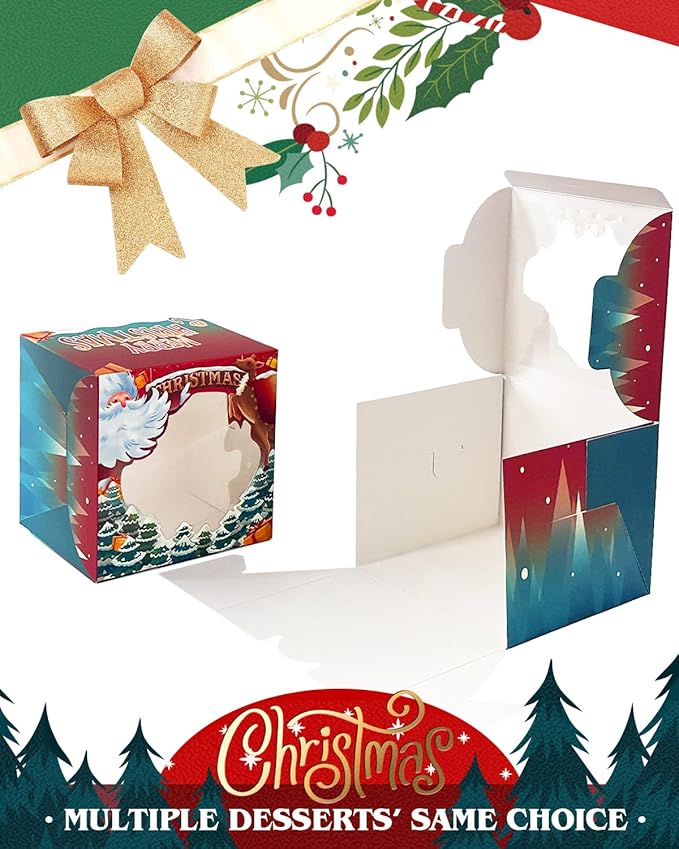 qiqee Christmas 6x6x5 Cake Box, 18 Sets Christmas Cake Box with Window ＆ 18 Sets 6" Christmas Snow House Cake Round Boards, 6inch Cake Containers