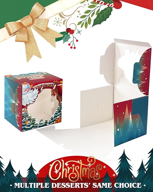 qiqee Christmas 10x10x5 Cake Box, 4 Sets Christmas Cake Box with Window ＆ 4 Sets 10 Inch Christmas Snow House Cake Round Boards, 10 Inch Cake Containers