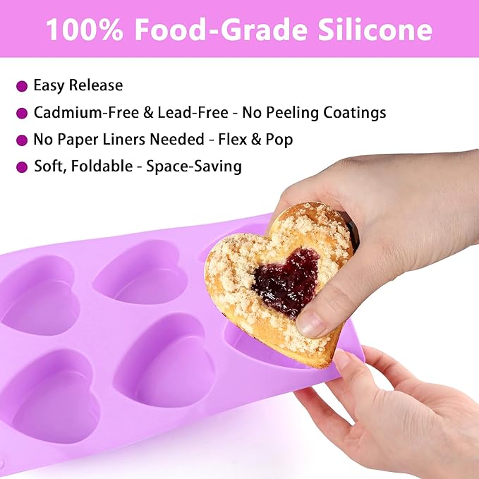 3-Pack 6-Cup Silicone Muffin Pans, Nonstick Cupcake Baking Molds, BPA/PFA-Free, Dishwasher & Oven Safe Heart-shaped Purple