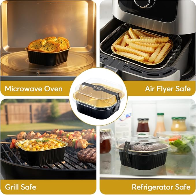 Ruckae 10oz 100 Pcs Square Mini Loaf Pans with Lids-Disposable Foil Dessert Containers,Mini Cake Pans with Lids,Aluminum Dessert Cups for Parties and Weddings (Black Gold, 10oz)