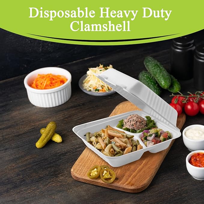 three leaf 9" X 9" 3 COMPARTMENT BAGASSE CLAMSHELL, 200 Ct. Heavy-Duty- Super Strong- Natural- Eco-Friendly Disposable Bagasse Clamshell, 100% Biodegradable 9 inch clamshell