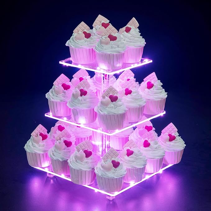 Cupcake Stand, 3-Tier Cupcake Holder with LED light String, Acrylic Cupcake Tower Display-Dessert Tower-Pastry Stand-Cupcake Tier Stand for Wedding, Birthday party ( Pink Light)