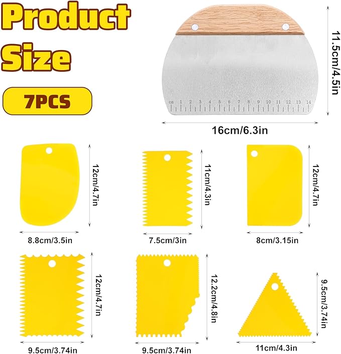 7pcs Dough Scraper Set - Bowl Scrapers for Bread Dough, Doughs Scraper, Bench Scrapers, Doughs Cutter - Yellow & Wood, Stainless Steel & Plastic