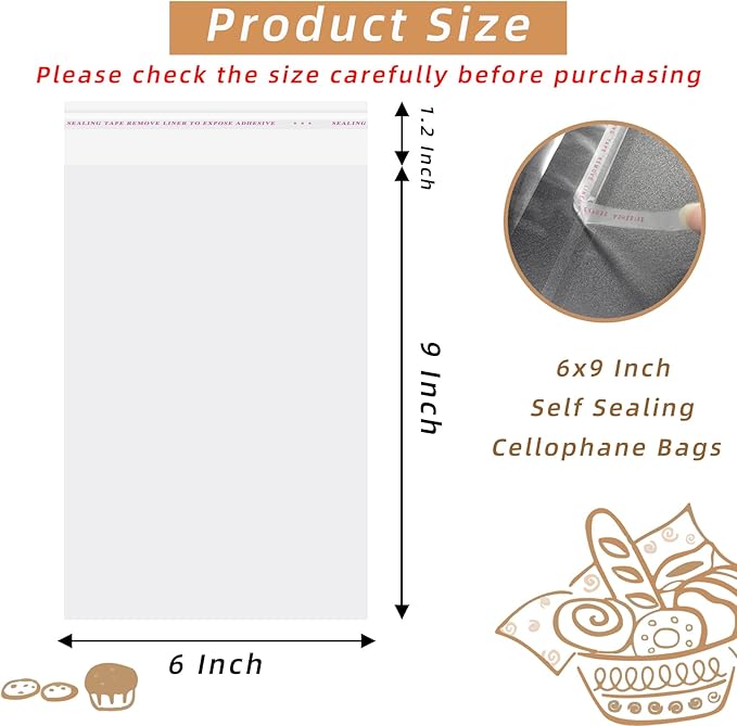 6x9 Inch Cookie Bags, 120 Pcs Clear Self Sealing Cellophane Treat Bags for Candy, Jewelry, Gift Wrapping, Party Favors, Crafts, Cookie Wrappers Self Adhesive