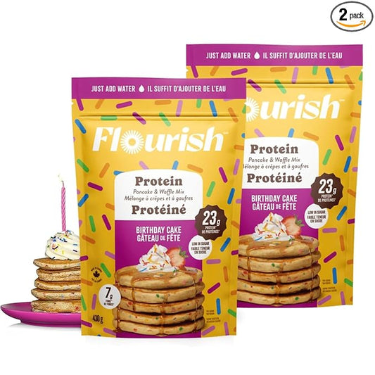 Flourish Protein Pancake & Waffle Mix, with Whey Protein & Flax Seed, No Added Sugar, High in Protein & Fiber - Just Add Water - Birthday Cake Flavour, 430 g (2 Pack) - Made in Canada