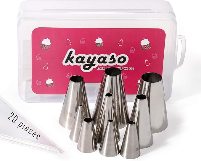 Round Piping Tip Set – 9 Stainless Steel Pastry Tips in Graduated Sizes with 20 Disposable Decorating Bags for Cupcakes, Cakes, Cookies, and Frosting Design