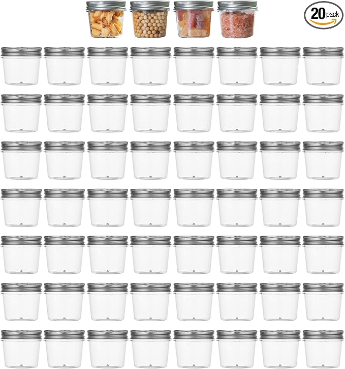 novelinks Plastic Jars With Lids 60Pcs 4oz Mason Jars Silver Plastic Jar Food Storage Small Mason Jars 4 oz for Milkshakes Juice Nuts Cupcakes Candy (Silver, 60 Pack 4 Ounce)