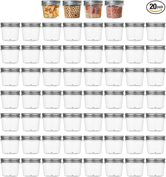 novelinks Plastic Jars With Lids 60Pcs 4oz Mason Jars Silver Plastic Jar Food Storage Small Mason Jars 4 oz for Milkshakes Juice Nuts Cupcakes Candy (Silver, 60 Pack 4 Ounce)