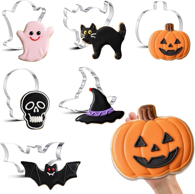 6 Pcs Large Halloween Cookie Cutters 8" Stainless Steel Metal Halloween Baking Cookie Molds for Holiday, Ghost, Bat, Pumpkin, Witch's Hat, Scared Cat, Skull
