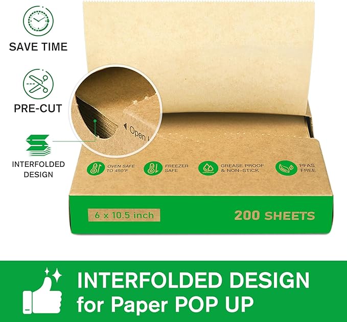 EcoDispose Precut POP UP Deli Paper Sheet Pack of 200, Interfolded Heavy Paper for Food Wrap and Serving (6" x 10-1/2", Kraft）