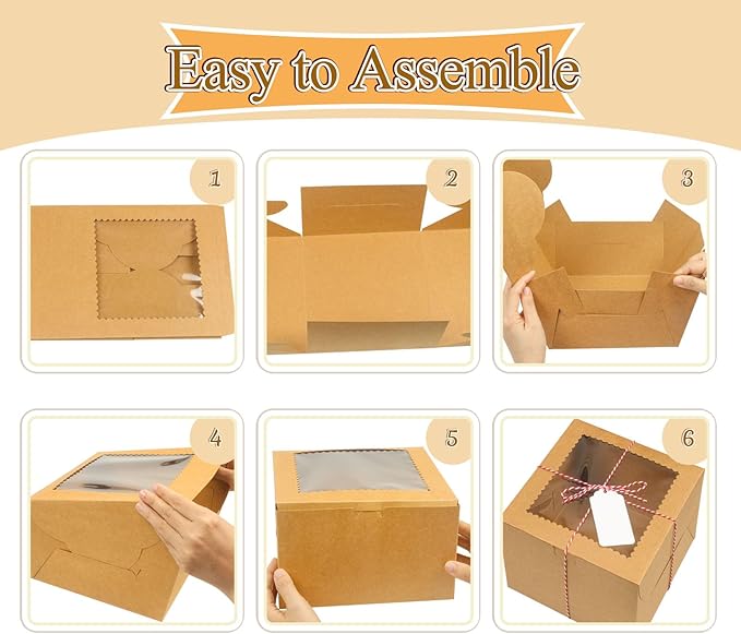 20Pcs 8 Inch Cake Boxes with Window, 8x8x5 Inches Brown Bakery Boxes, Cake Carrier Container for Pastries, Pie, Cookies, Chocolates, Cupcakes, Birthday Party, Wedding
