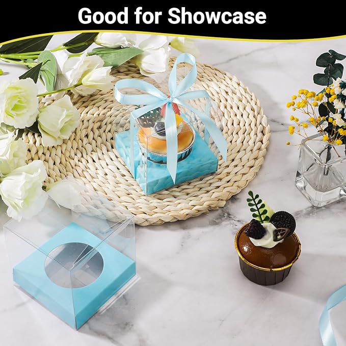 EUSOAR Individual Cupcake Boxes, 50 Packs 3.5 Inch Muffins Gift Wrappers Cake Containers with Inserts and Ribbon, Dessert Pastry Holder Disposable Cookies Carrier for Wedding Party Favor Bakery-Blue