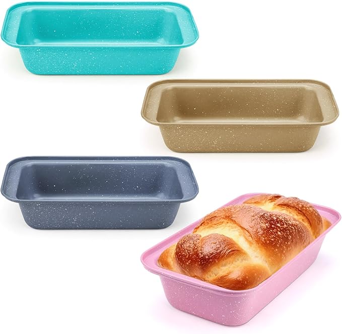 Huakaile 4 Pack Carbon Steel Loaf Pan, 9.8" x 5" Nonstick Bread Pan, Rectangular Loaf Tin Bakeware Set for Baking Cake Oven Sourdough Homemade (Gray, Gold, Pink, Blue)