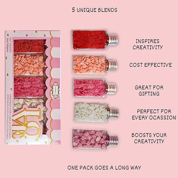Confect Valentine Heart Sprinkles – Red, White & Pink Edible Sprinkle Mix | Pack of 5 for Cake, Cupcake, Cookie & Dessert Decorating | Celebration & Baking Sprinkles | Vegan, Gluten-Free – 5 Oz