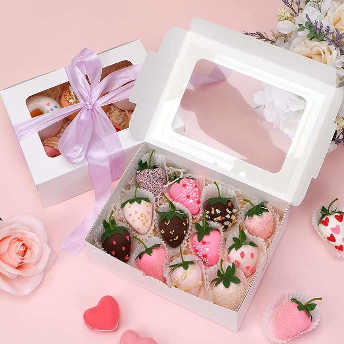 Moretoes 48pcs Cookie Boxes with Window, 8x6x2.5 Inch 3 Style Treat Boxes for Pastry, Chocolate Covered Strawberries, Candy, Muffins, Donuts