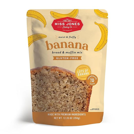 Miss Jones Baking Gluten Free Banana Bread & Muffin Mix - 50% Lower Sugar, Real Banana, Naturally Sweetened Desserts & Treats, 12.35 Ounce (Pack of 1)
