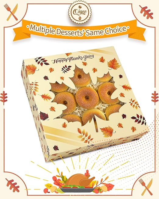 qiqee Thanksgiving Pie Boxes with Window 10x10x2.5 Inch 12Packs Cookie Donut Bakery Box