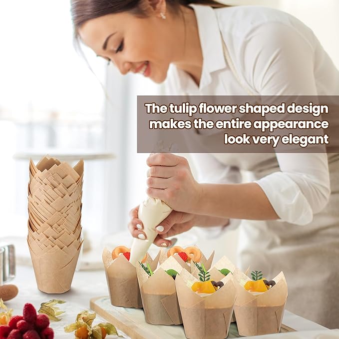 600 Pcs Tulip Cupcake Liners for Baking Muffin Liners Printed Baking Cups Holders Greaseproof Wrappers Decoration for Cupcake Bouquet Birthday Party Wedding Bride Shower (Kraft Paper Color)