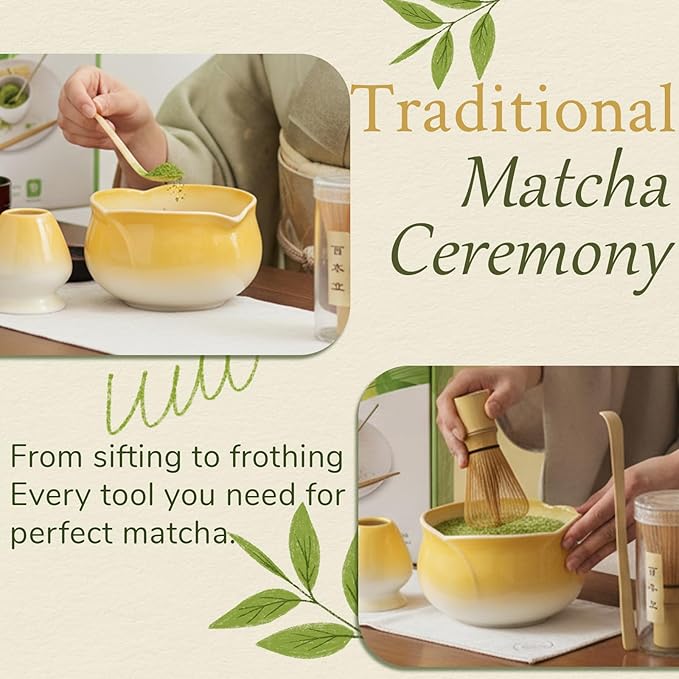 8 Pcs Matcha Whisk Set Chasen Matcha Whisk Bamboo Bowl with Spout Sifter Spoon Scoop Whisk Holder Bamboo Mat Complete Matcha Making Kit (Yellow Petal)
