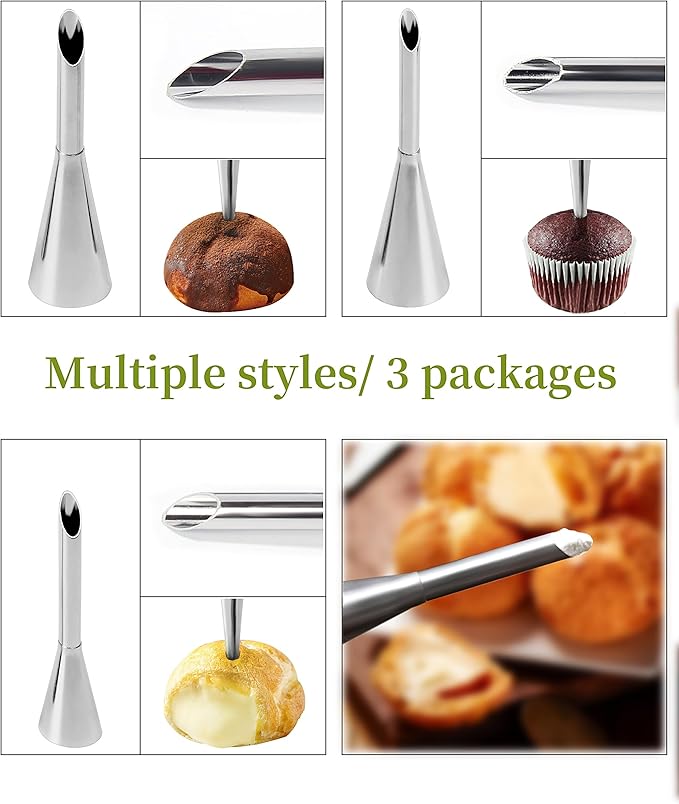 3Pcs Cream Icing Piping Nozzle Tips,Stainless Steel Long Cream Puff Nozzle Decor Small Pastry Icing Piping Decorating Tools