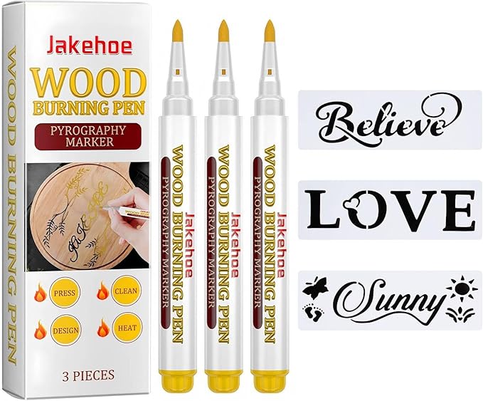Wood Burning Marker Pen Kit with 3 Inspirational Word Stencil- Pyrography Art Tool for Wood Crafting, PET Tips, DIY Woodburning Marker Kit for Beginners, Home Studio School Art Projects