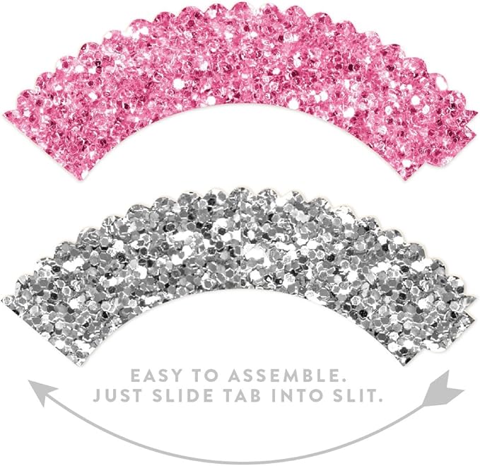 Andaz Press Party Cupcake Wrapper Decorations, Pink And Silver Glitter Paper, 24-Pack, Bulk Cake Supplies Pink Cupcake Wrappers Girl Baby Shower 1st Birthday, Not Real Glitter Silver Cupcake Wrappers