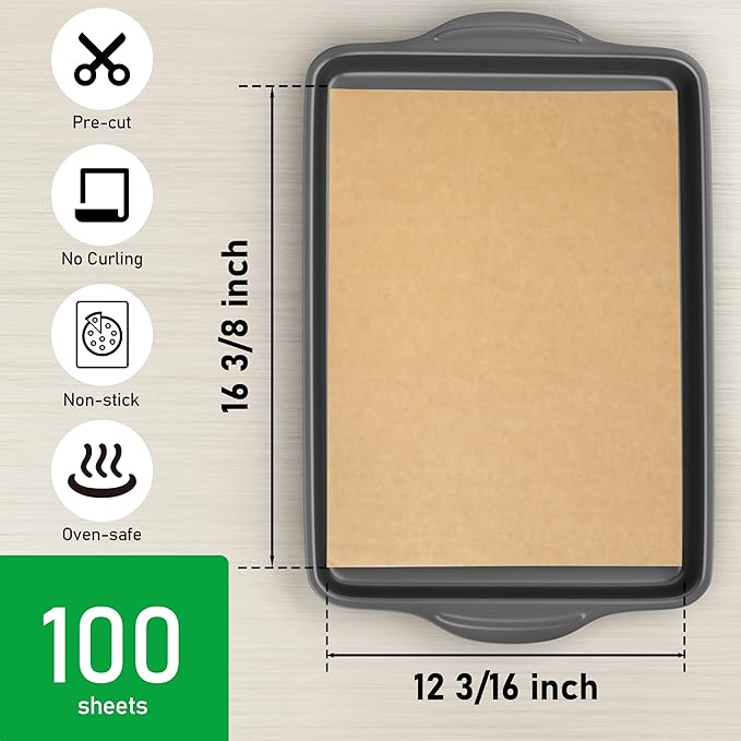 EcoDisposeNon-Stick Precut Parchment Paper Baking Sheets Full Pan liner for Bake (12-3/16" x 16-3/8",Unbleached,100PCS)
