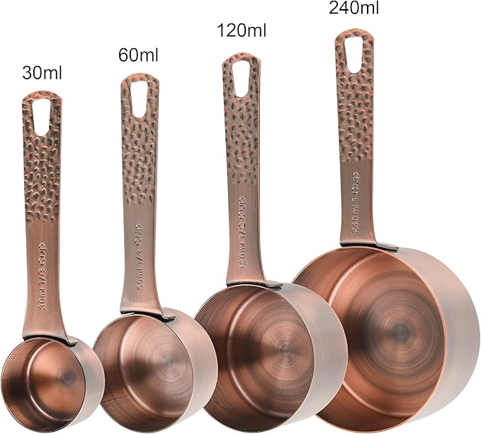 Smithcraft Copper Measuring Cups and Spoons Set 10, Metric & US Stainless Steel Measuring and Spoons Set for Baking & Kitchen, Nesting 4 Metal Measure Cups & 5 Spoons & Leveler for Dry & Liquid
