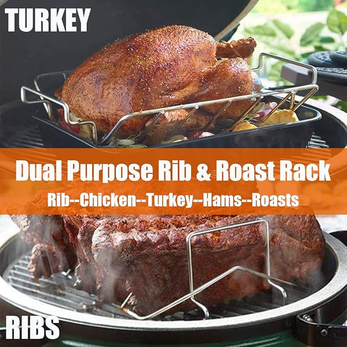 Thanksgiving Turkey Roasting Rack Stand for Smoker and Grill, Turkey Roaster V Rack Stainless Steel Rib Racks for Grilling and Smoking, for Large and XLarge Big Green Egg,Kamado Joe,Big Joe