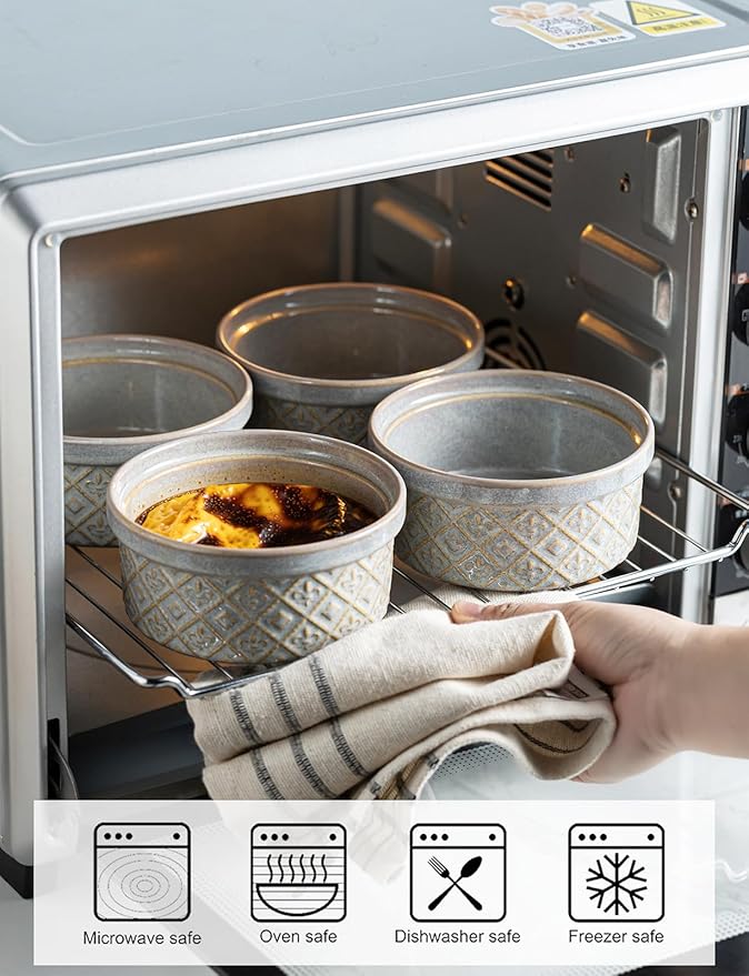 Ramekin Dish Set of 4, 12 oz Creme Brulee Ramekins with Lids, Ceramic Ramekins for Serving Dips, Lava Cake, Pudding, Souffle, Baking Bowls Set Dishwasher and Oven Safe, Gray