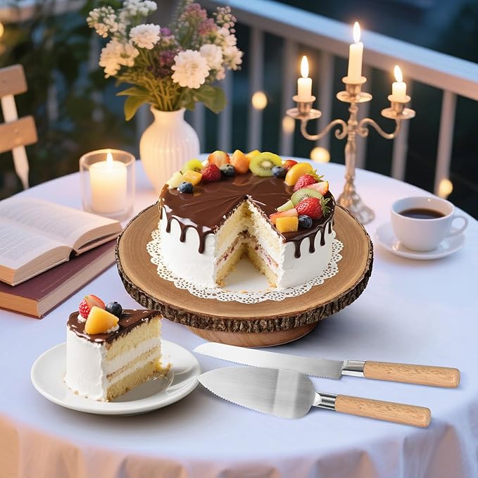 Rotating Cake Stand 12" Wood Cake Stand with Cake Cutting Set,Rustic Wooden Cake Stands for Party/Wedding/Baking Gifts/Event/Cake Turntable for Decorating