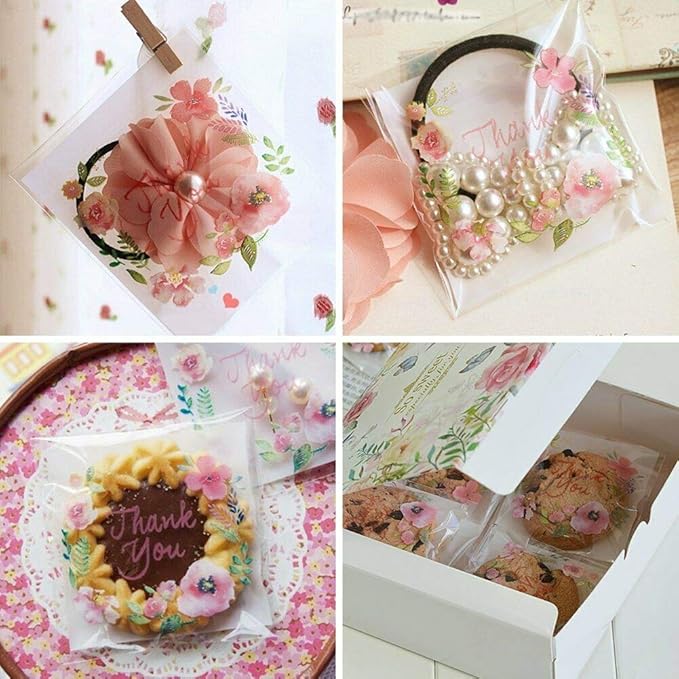 200pcs 5.5x5.5in Thank You Candy Bags Individual Cookie Wrappers Pink Flower Self Adhesive OPP Cookie Bakery Bags Roasting Treat DIY Translucent Plastic pouches