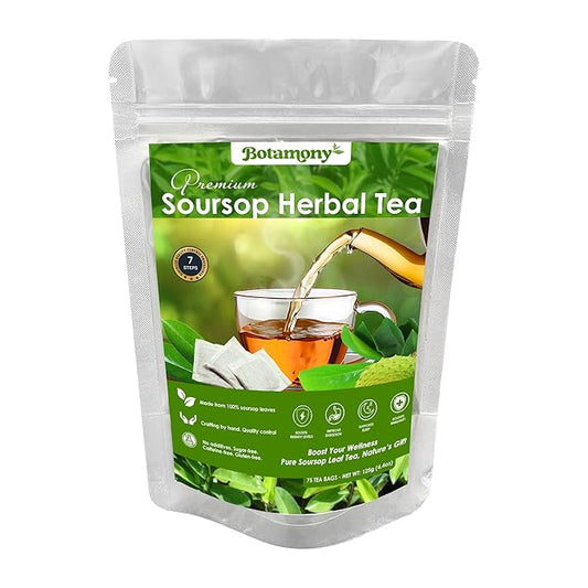 BOTAMONY 75 Premium Soursop Graviola Leaf Tea Bags 2.5g/ teabag, Soursop Leaves Organic, Hojas de Guanabana Organica, Guanabana Leaves Tea Handmade Non-GMO Sugar/Caffeine/Gluten Free