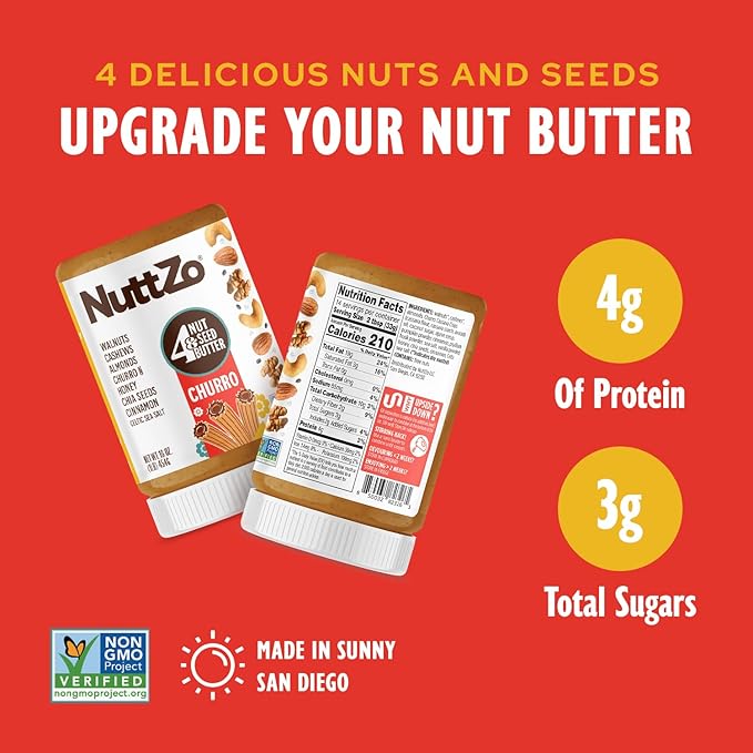 NuttZo Churro Nut & Seed Butter – 16oz | Cashew Butter Blend with Walnuts, Almonds, Chia Seeds, Cinnamon, Honey & Churro Chips | Gluten-Free, Non-GMO