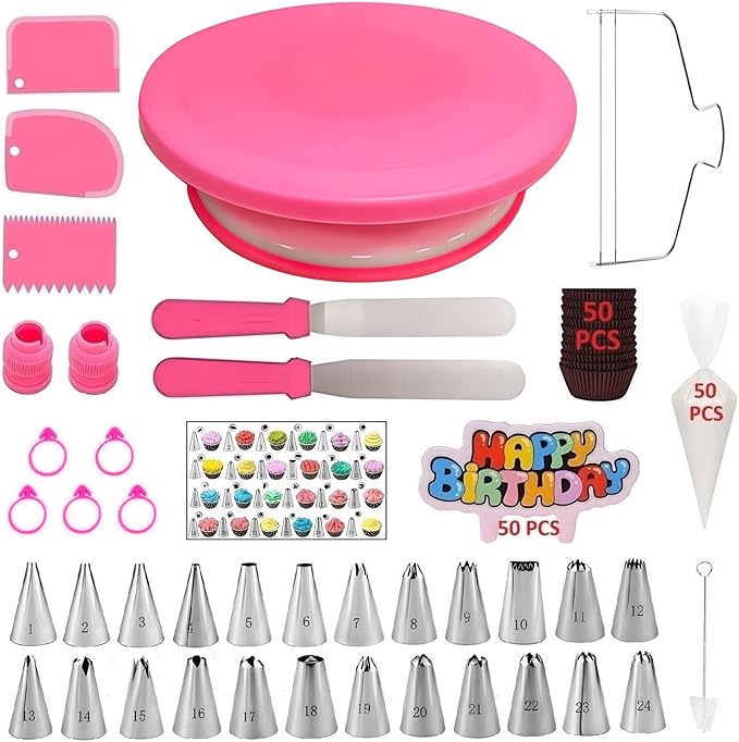 190 Pcs Cake Decorating Kit with Cake Turntable,Cake Leveler,24 Numbered Icing Piping Tips,2 Spatulas,3 Comb Scrapers,2 Couplers,5 Bag Ties,50 Pastry Bags,50 Cupcake Liners,50 Cake Flags
